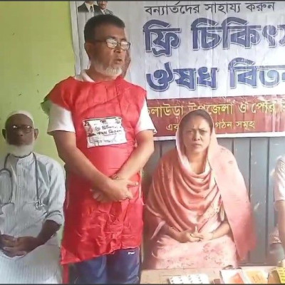 কুলাউড়ার রাবেয়া প্রাথমিকের বন্যার্তদের মাঝে বিএনপির ফ্রি ঔষধ বিতরণ