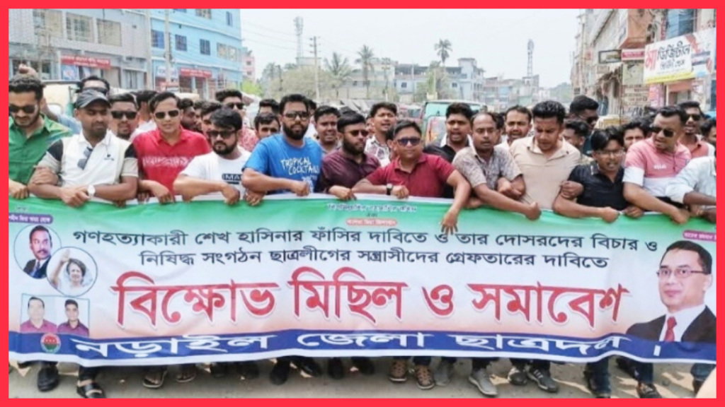 নিষিদ্ধ ছাত্রলীগের সন্ত্রাসীদের গ্রেপ্তারের দাবিতে নড়াইলে ছাত্রদলের বিক্ষোভ